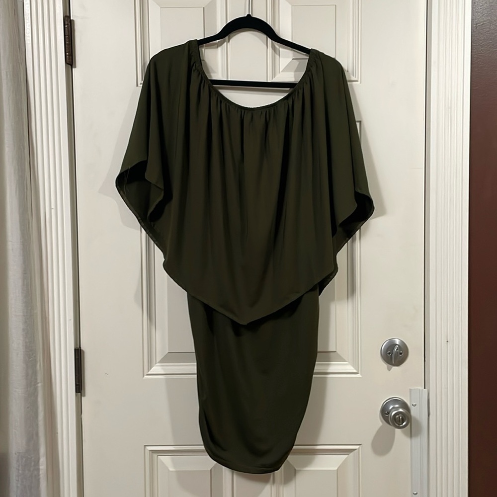 NEW Olive Green Bodycon Mini Dress with ruched sides and cape top, size large